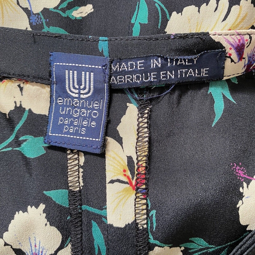 Vintage 70's Emanuel Ungaro Silk Skirt Black White Green Floral Pleated Small - Picture 4 of 6